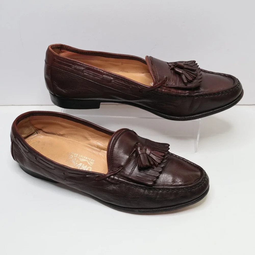 Salvatore Ferragamo Brown Leather‎ Tassel Kiltie Loafers 2059 B 10.5 Mens Shoes